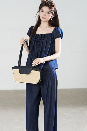 Square-Neck Short-Sleeve Denim Top and Wide-Leg Pants Set-Up