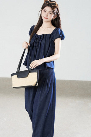 Square-Neck Short-Sleeve Denim Top and Wide-Leg Pants Set-Up