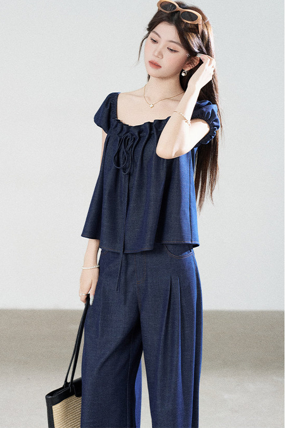Square-Neck Short-Sleeve Denim Top and Wide-Leg Pants Set-Up