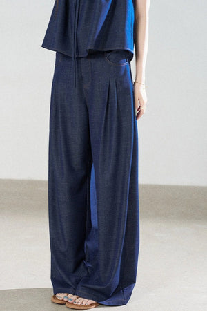 Square-Neck Short-Sleeve Denim Top and Wide-Leg Pants Set-Up