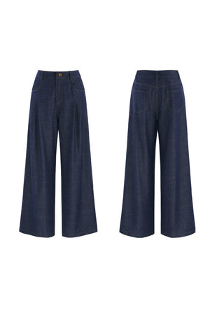 Square-Neck Short-Sleeve Denim Top and Wide-Leg Pants Set-Up