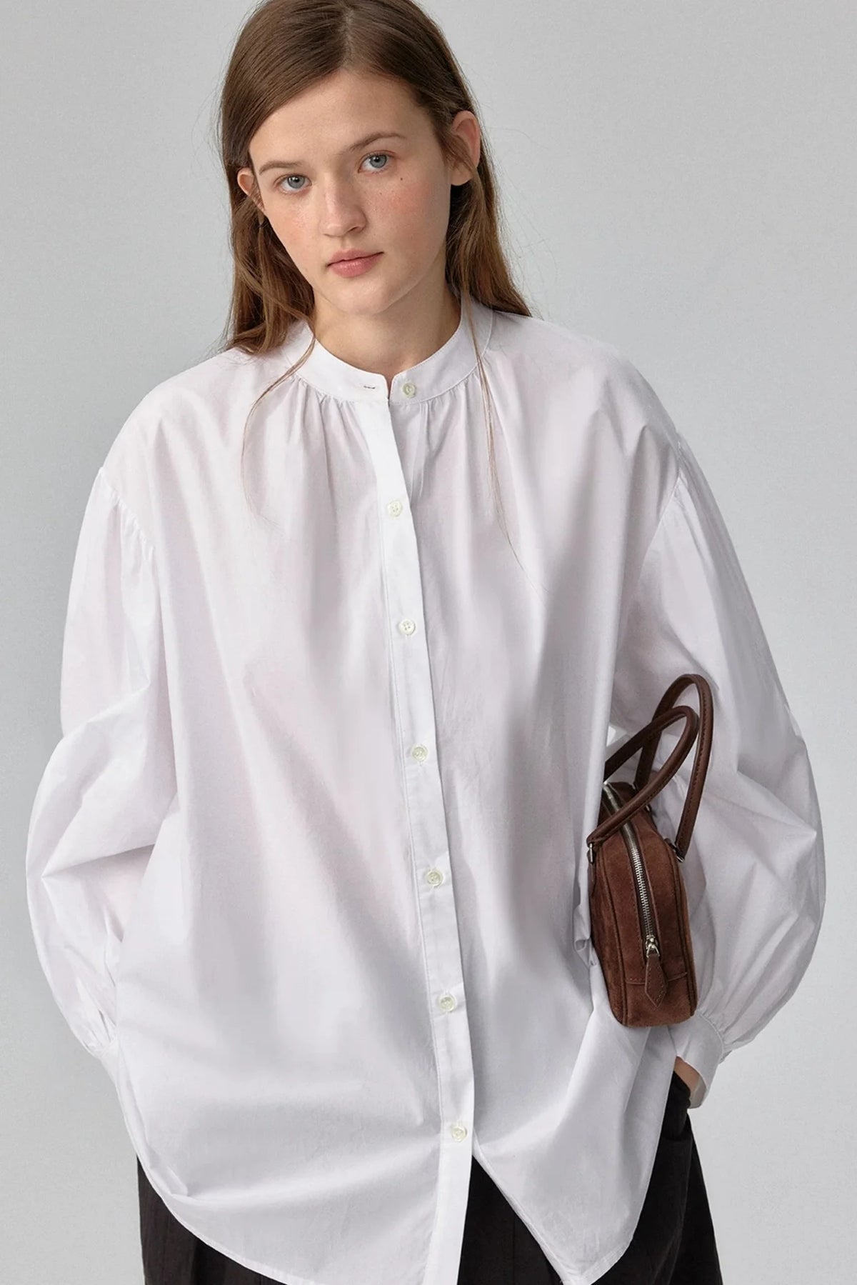 Stand-Collar Lantern Short Blouse