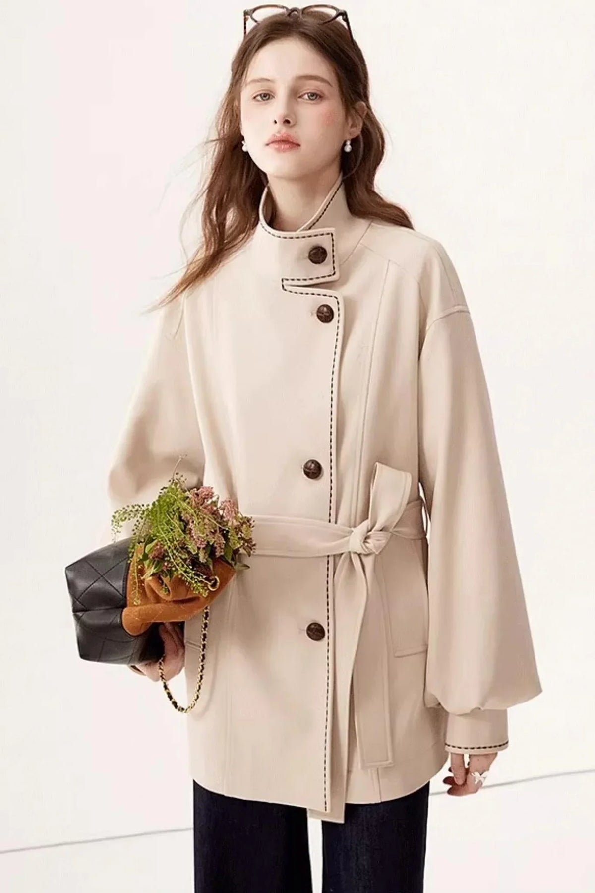 Stand Collar Lantern Sleeve Trench Coat
