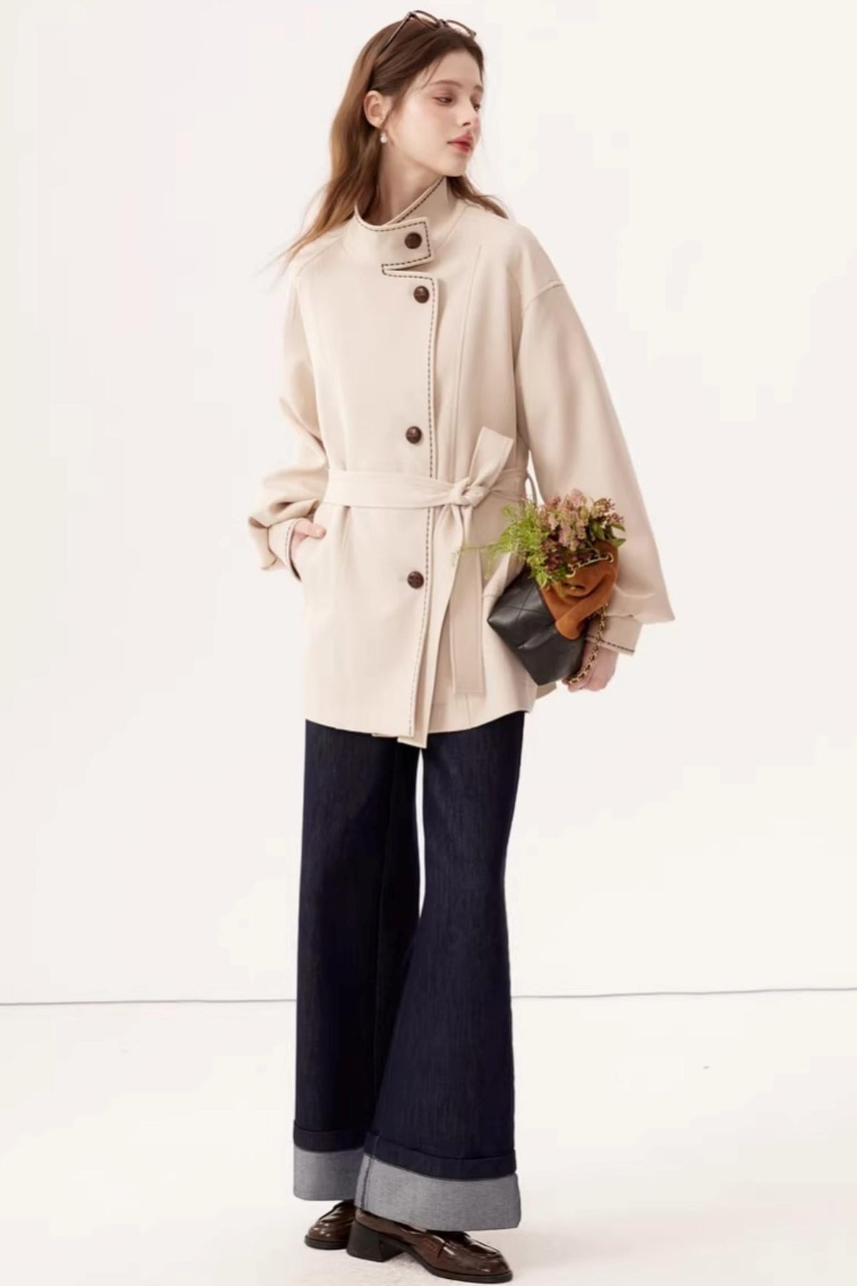Stand Collar Lantern Sleeve Trench Coat