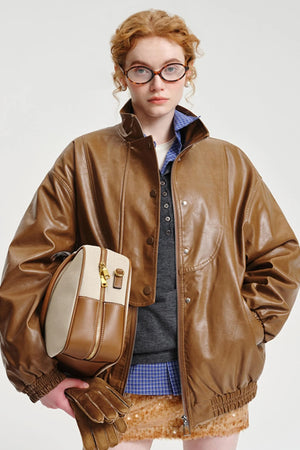 Stand Collar Wide Leather Jacket