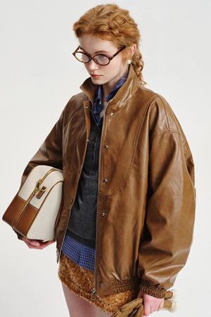 Stand Collar Wide Leather Jacket