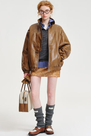 Stand Collar Wide Leather Jacket