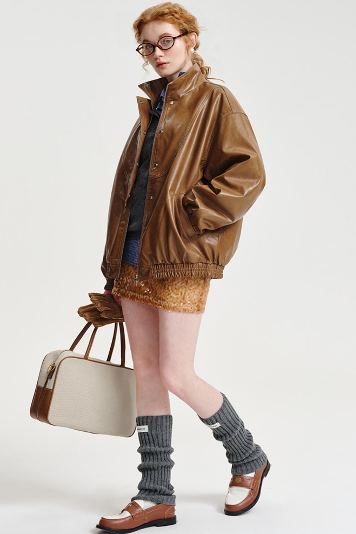 Stand Collar Wide Leather Jacket