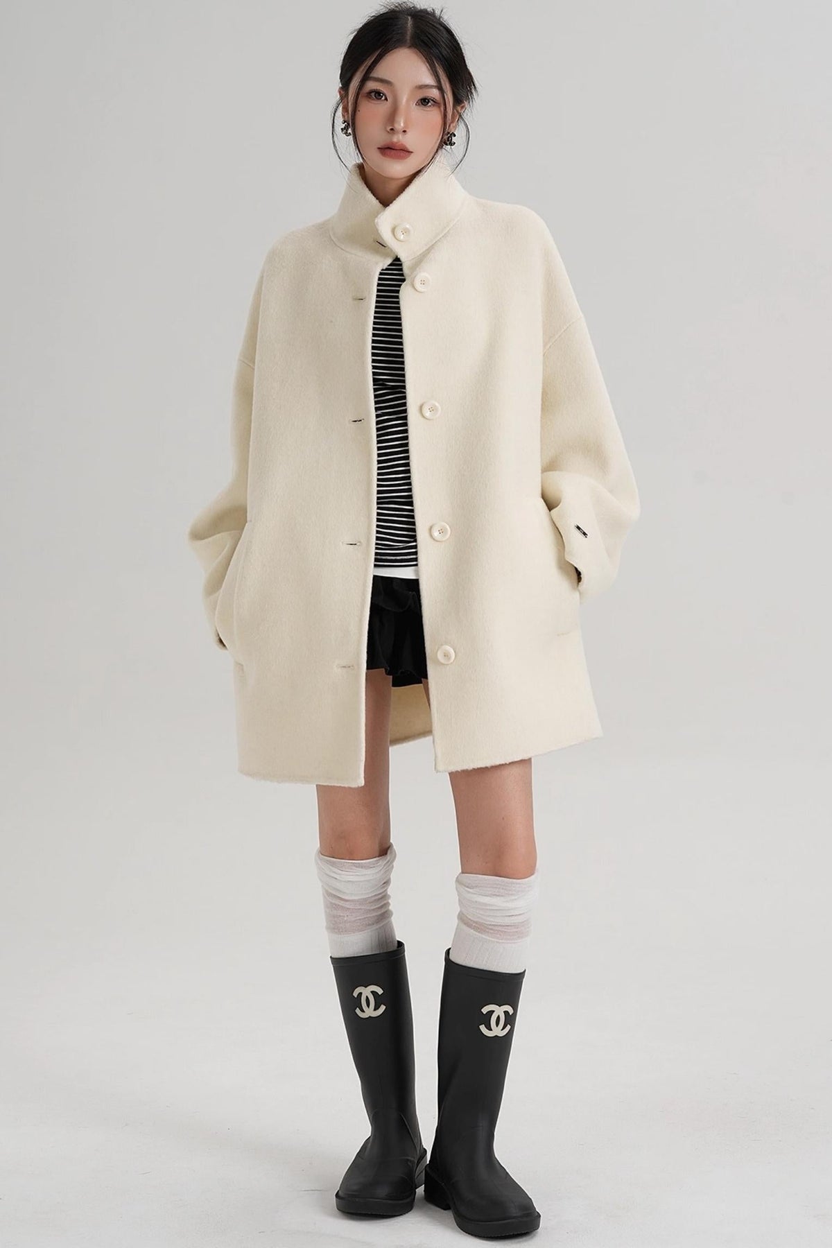 Stand-Up Collar Loose Sleeve Wool Jacket