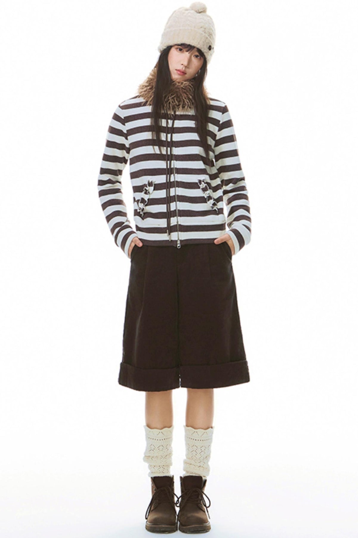 Stand-Up Striped Sweatshirt Jacket Set-Up