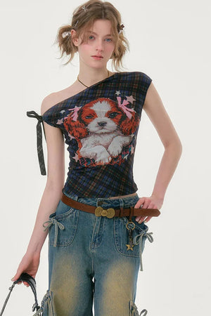Star Dream Off-Shoulder Plaid T-Shirt