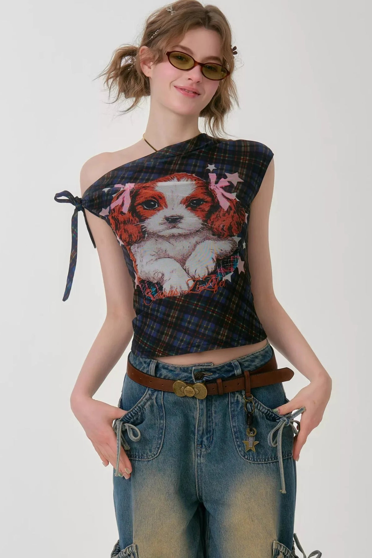 Star Dream Off-Shoulder Plaid T-Shirt