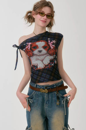 Star Dream Off-Shoulder Plaid T-Shirt