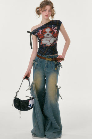 Star Dream Off-Shoulder Plaid T-Shirt