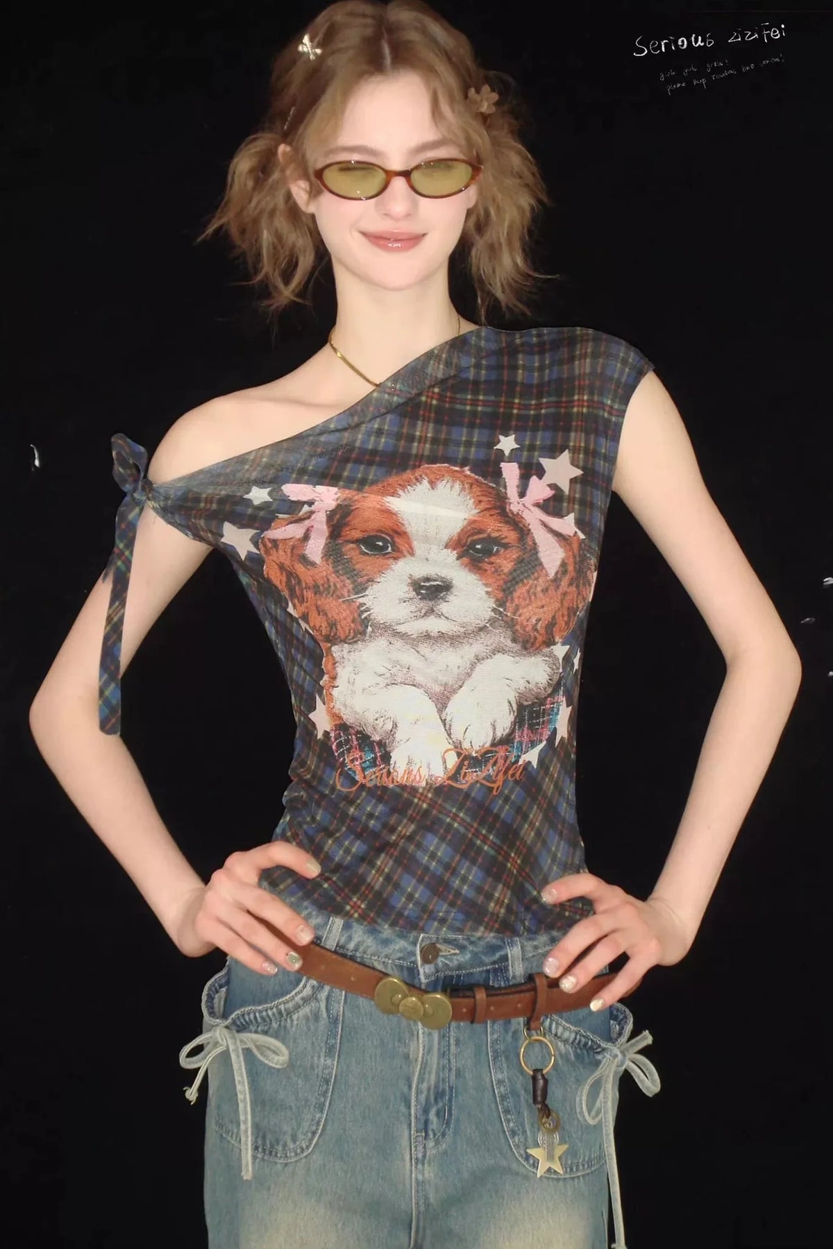Star Dream Off-Shoulder Plaid T-Shirt