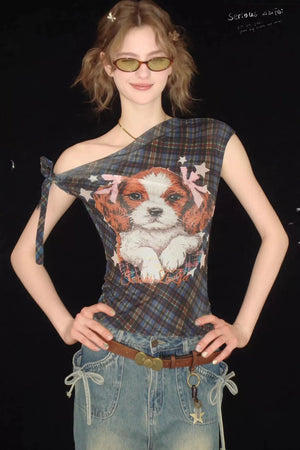 Star Dream Off-Shoulder Plaid T-Shirt