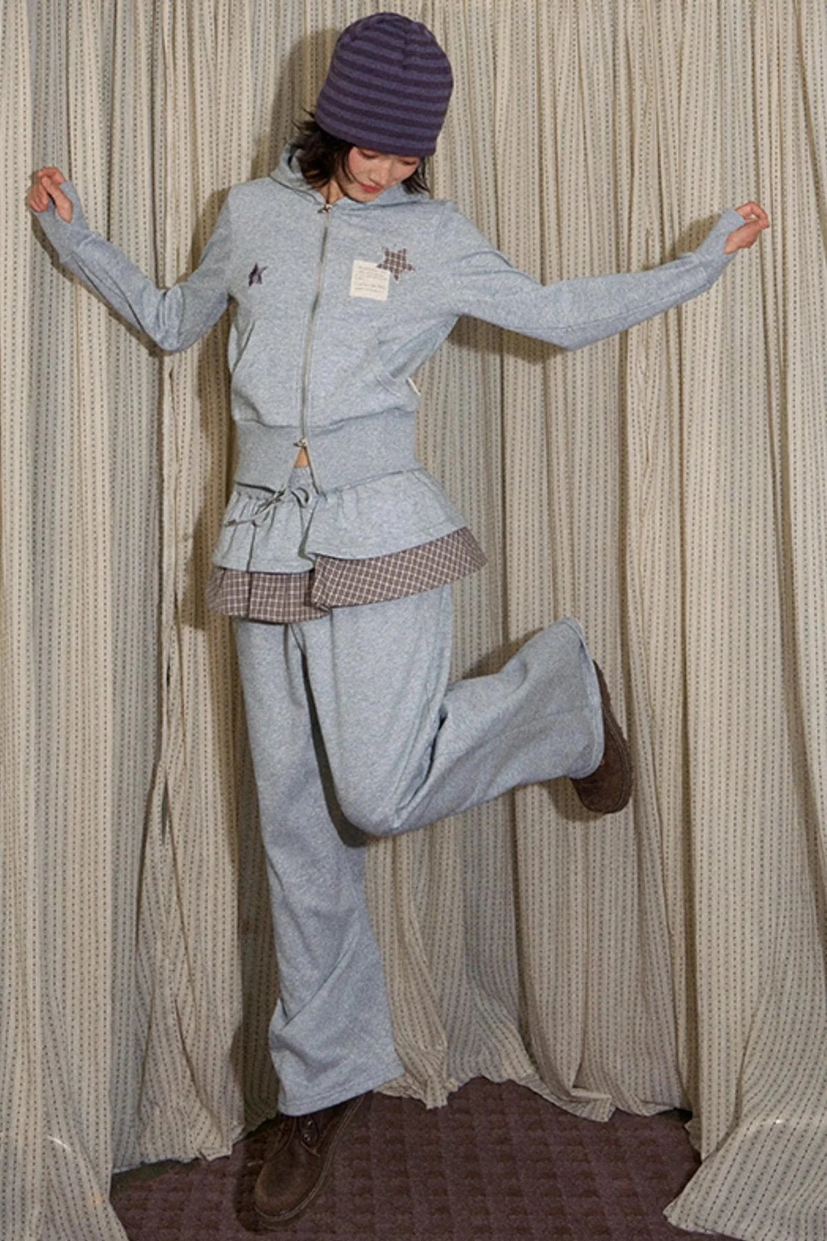 Star Patch Embroidered Hooded Cardigan Set-Up