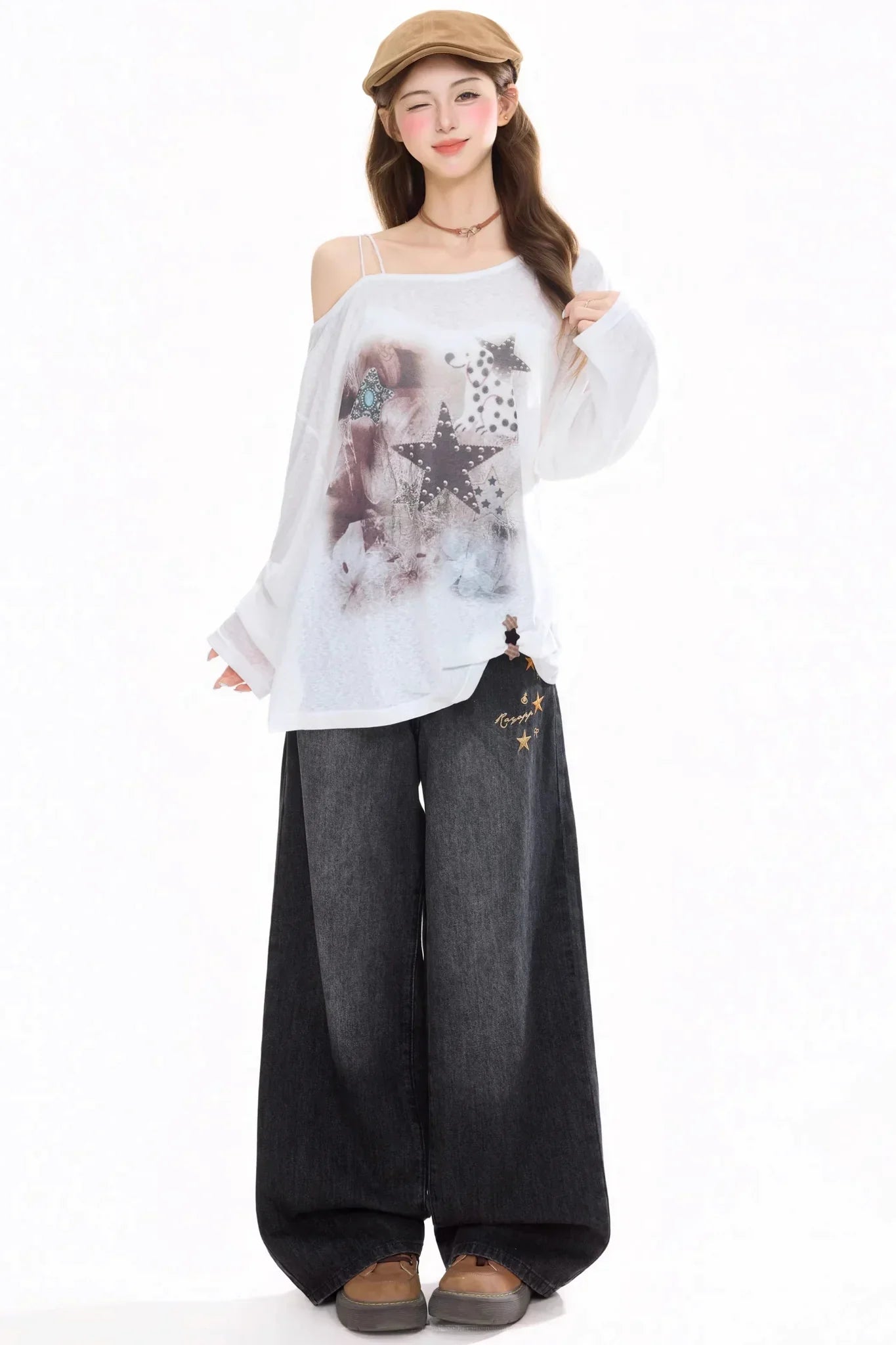 Star-Patterned Off-Shoulder Blouse