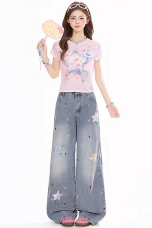 Star-Patterned Vintage Denim Pants