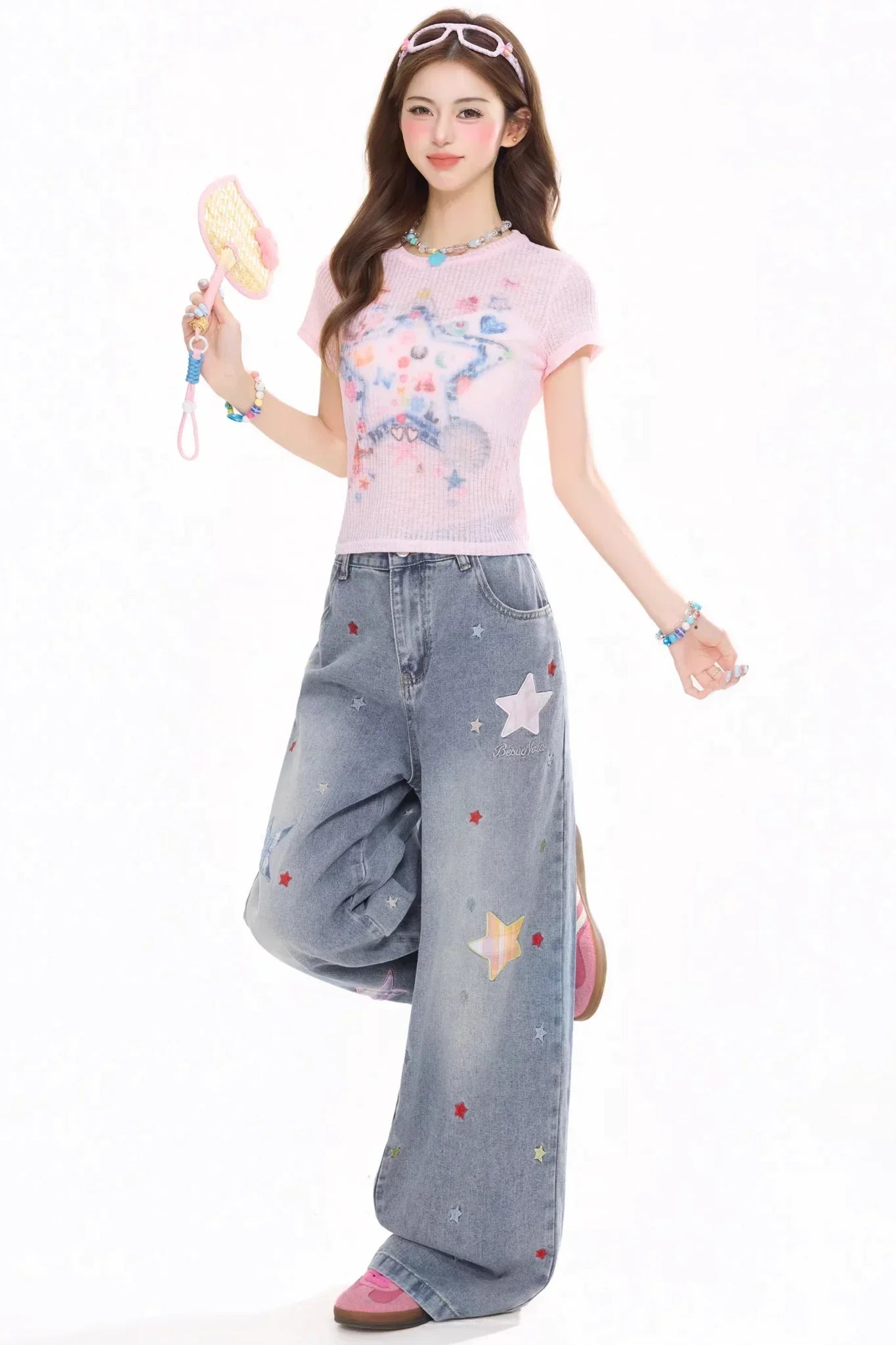 Star-Patterned Vintage Denim Pants