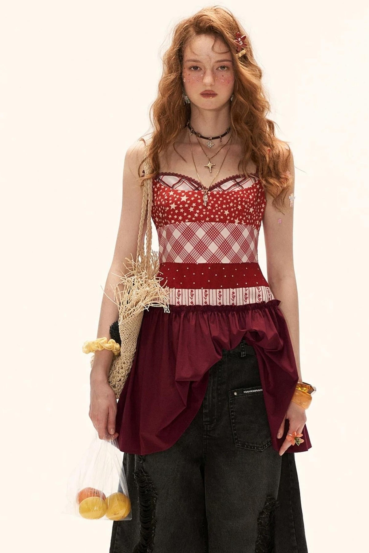 Star Plaid Patchwork Slip Dress