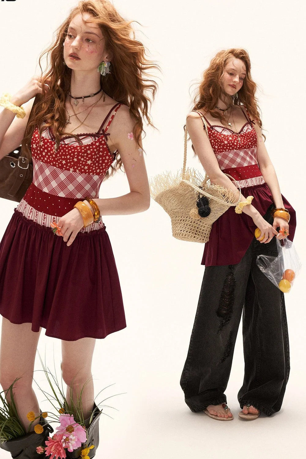 Star Plaid Patchwork Slip Dress