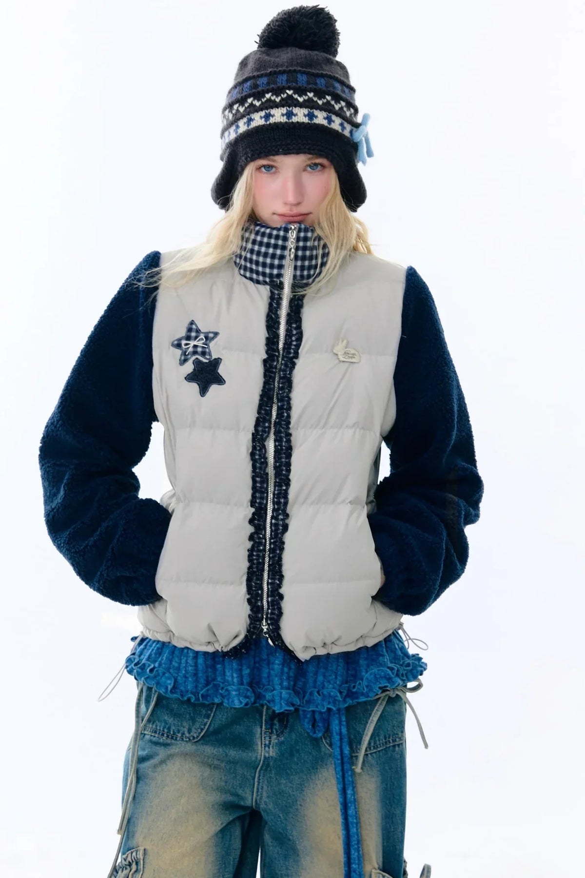 Star Print Color-Blocking Cotton Coat