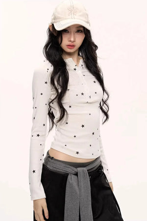 Star Print Knitted Henley Top