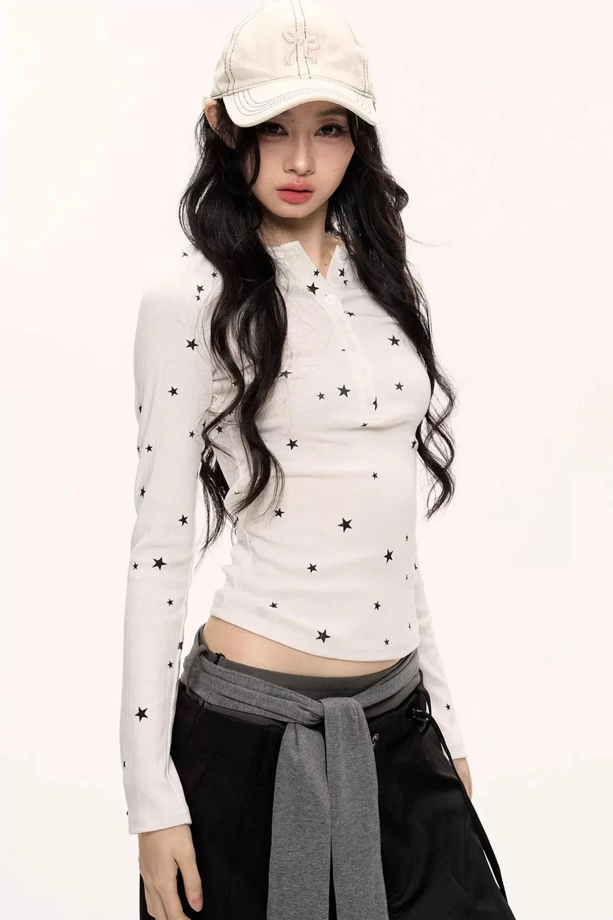 Star Print Knitted Henley Top