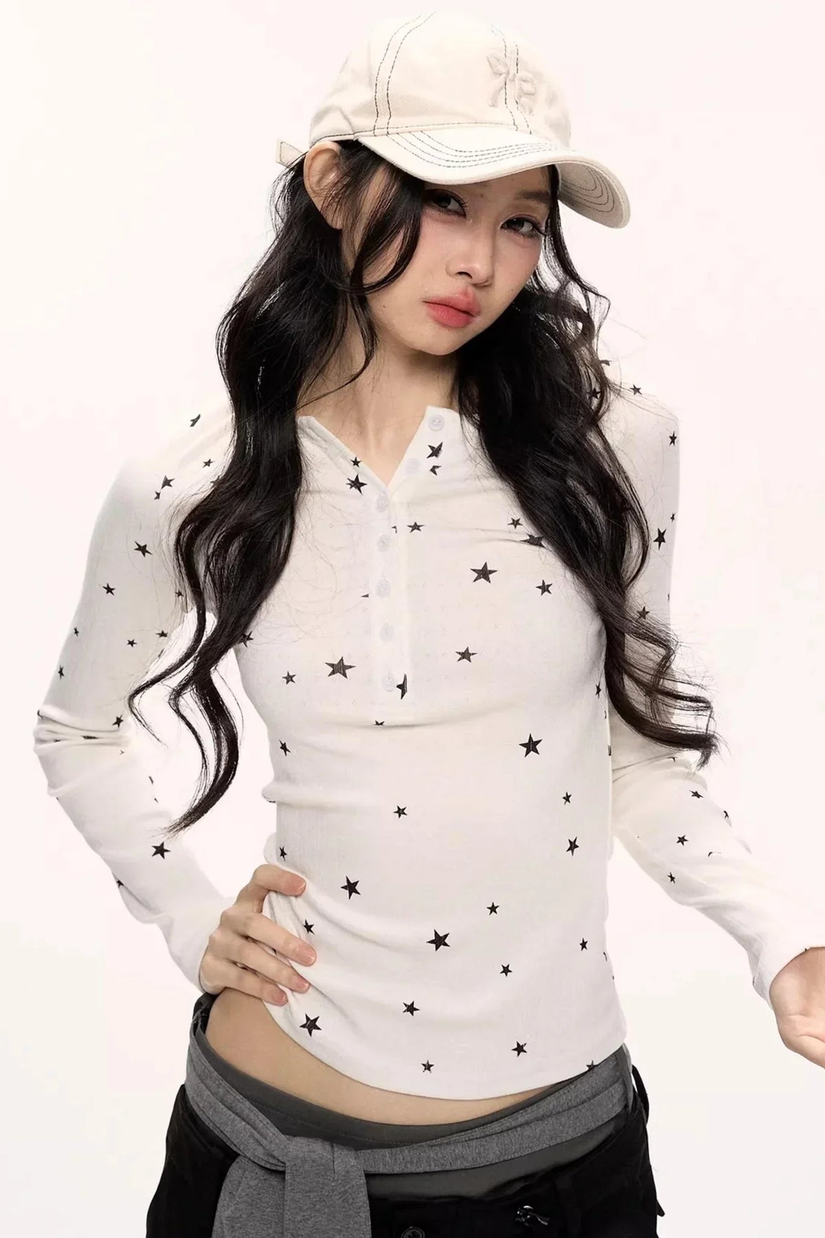Star Print Knitted Henley Top