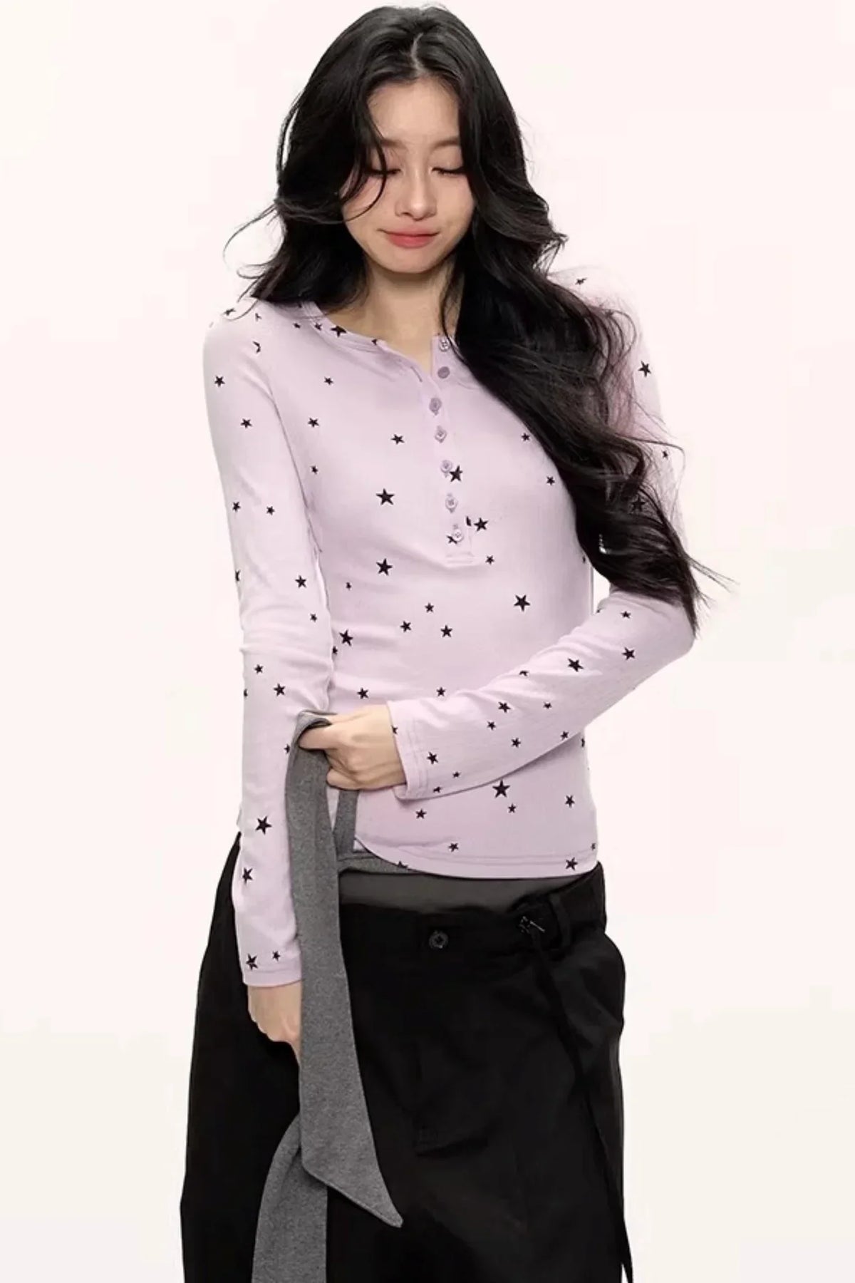 Star Print Knitted Henley Top