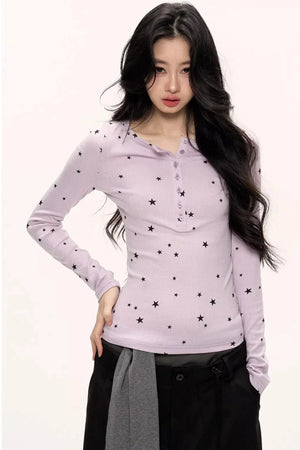 Star Print Knitted Henley Top
