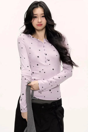 Star Print Knitted Henley Top