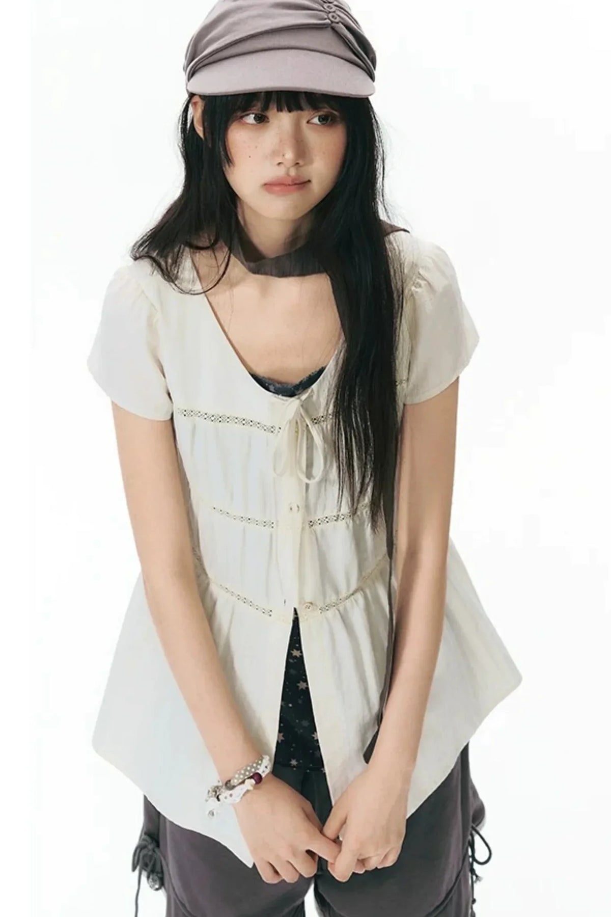 Star Print Layered-Look Short-Sleeve Shirt