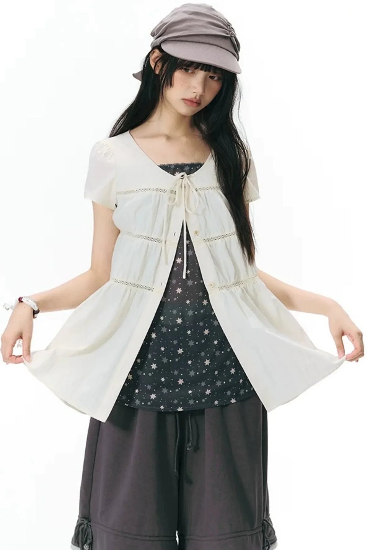 Star Print Layered-Look Short-Sleeve Shirt