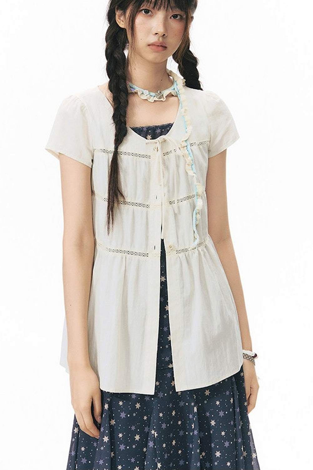 Star Print Layered-Look Short-Sleeve Shirt