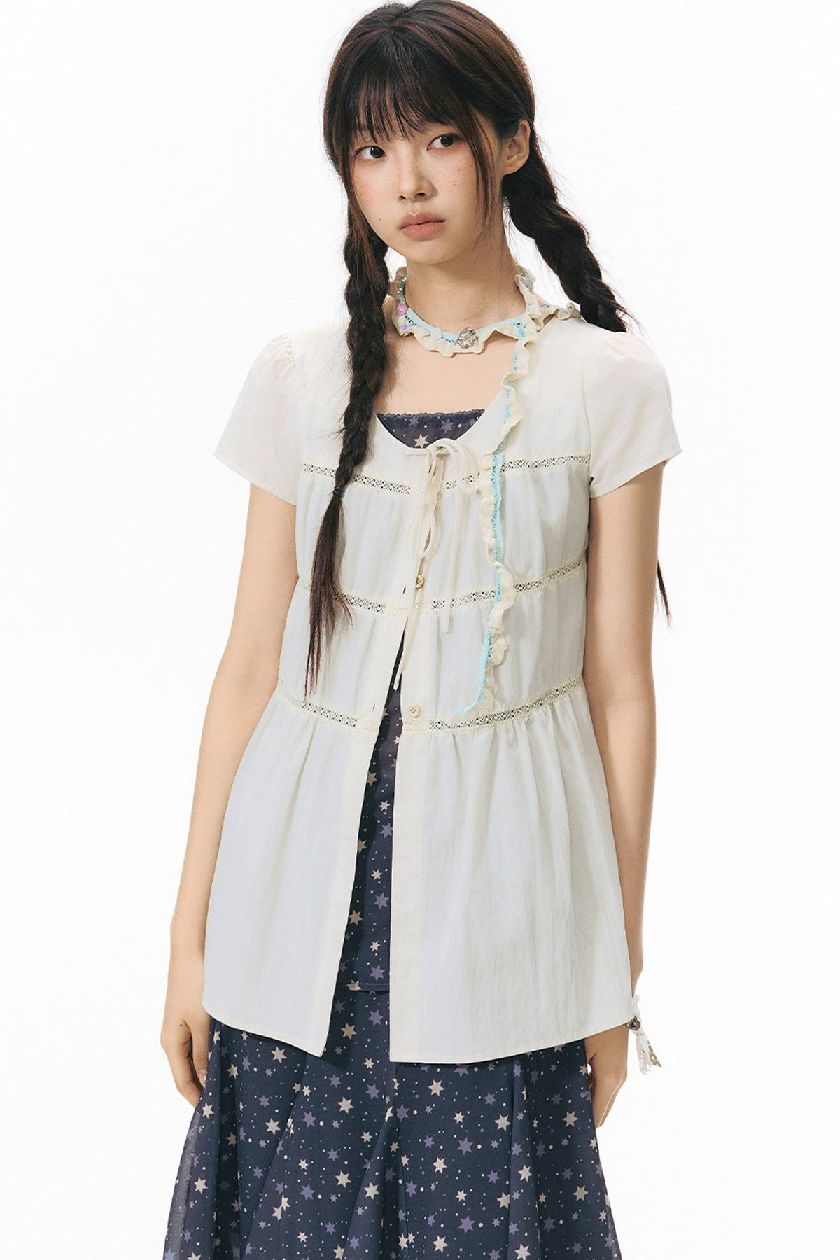 Star Print Layered-Look Short-Sleeve Shirt