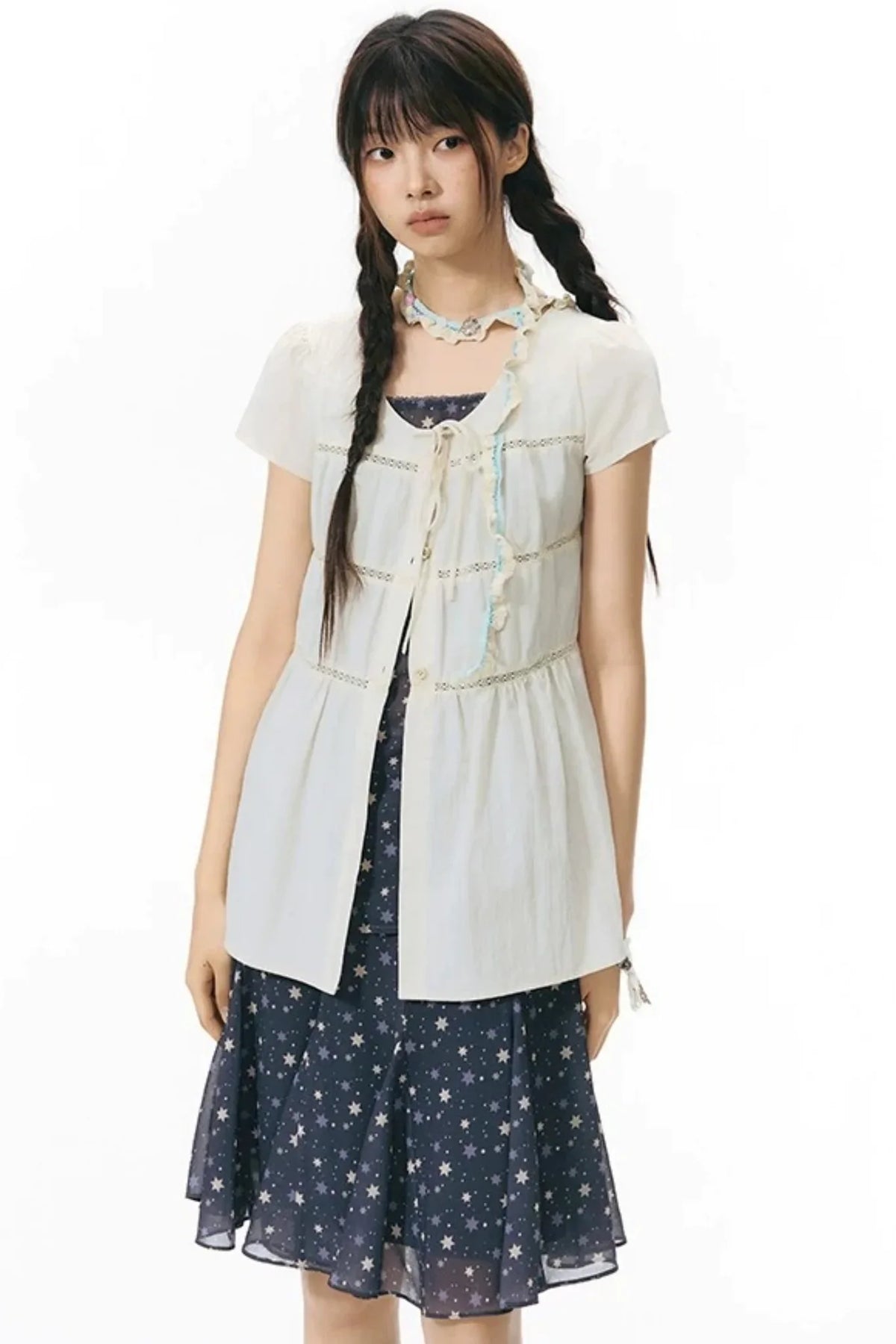 Star Print Layered-Look Short-Sleeve Shirt