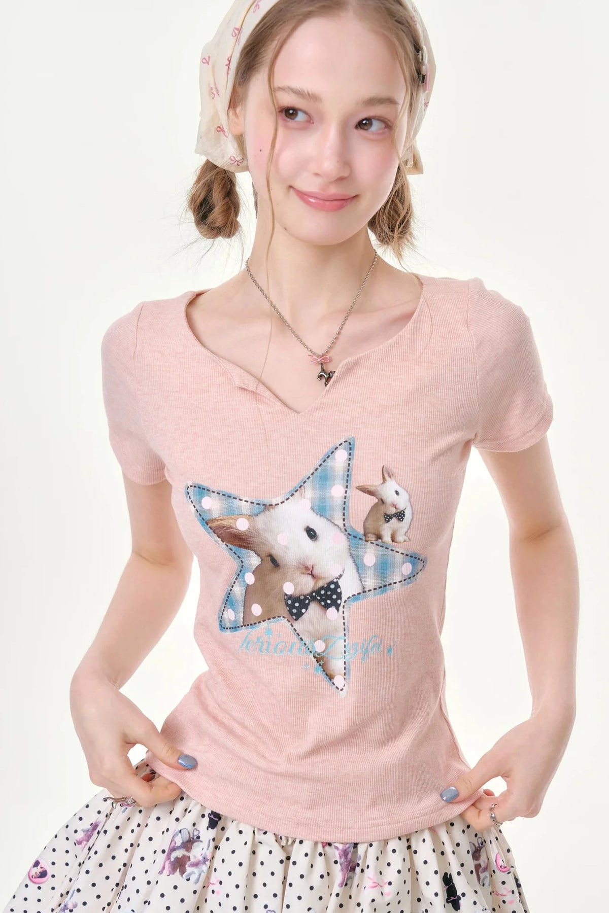 Star Rabbit Pink V-Neck T-Shirt