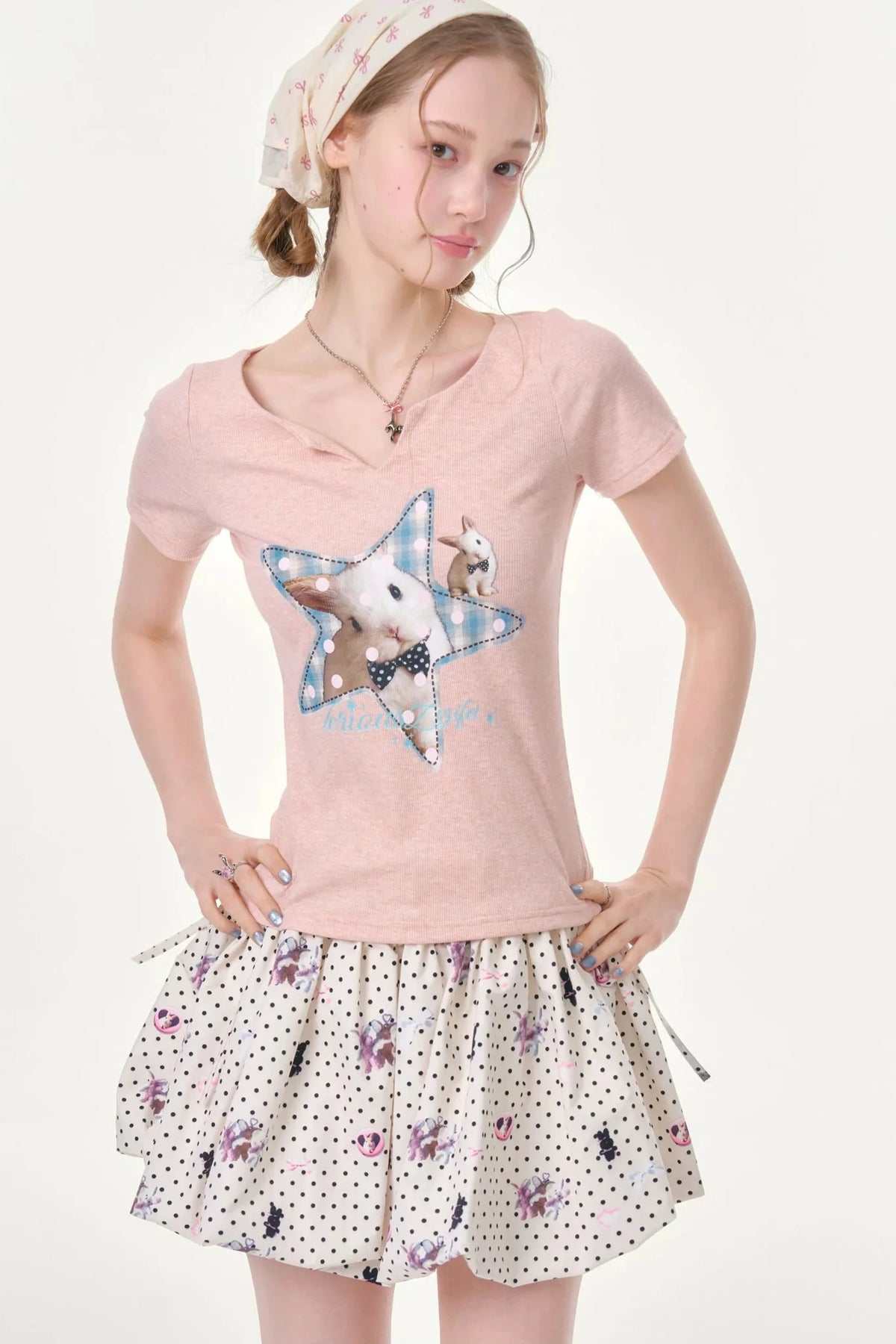 Star Rabbit Pink V-Neck T-Shirt