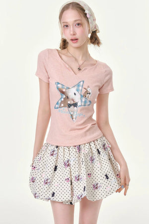 Star Rabbit Pink V-Neck T-Shirt
