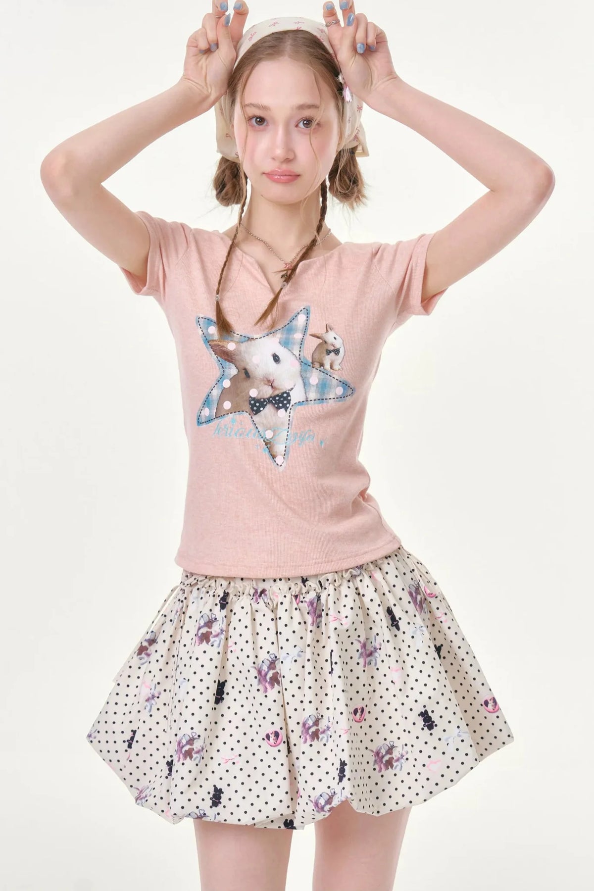 Star Rabbit Pink V-Neck T-Shirt