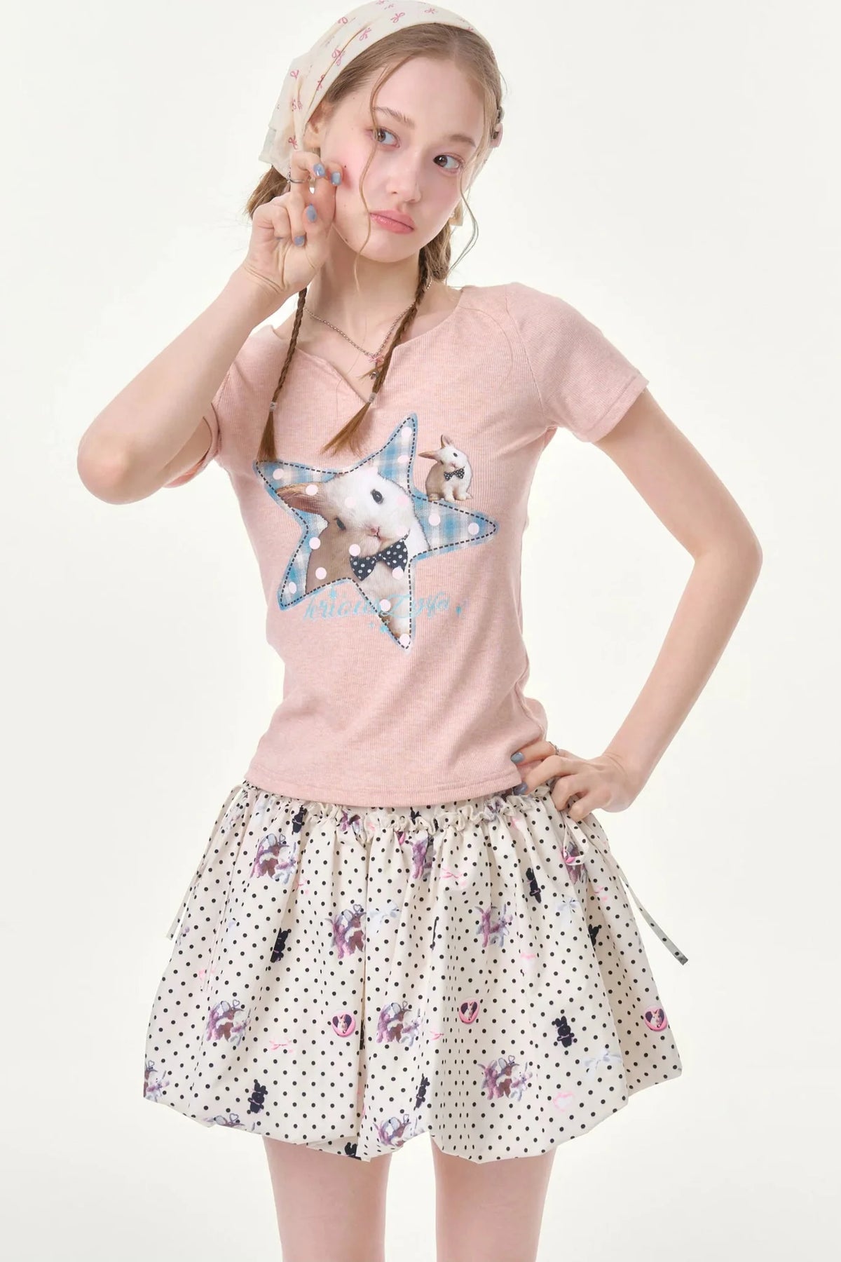 Star Rabbit Pink V-Neck T-Shirt