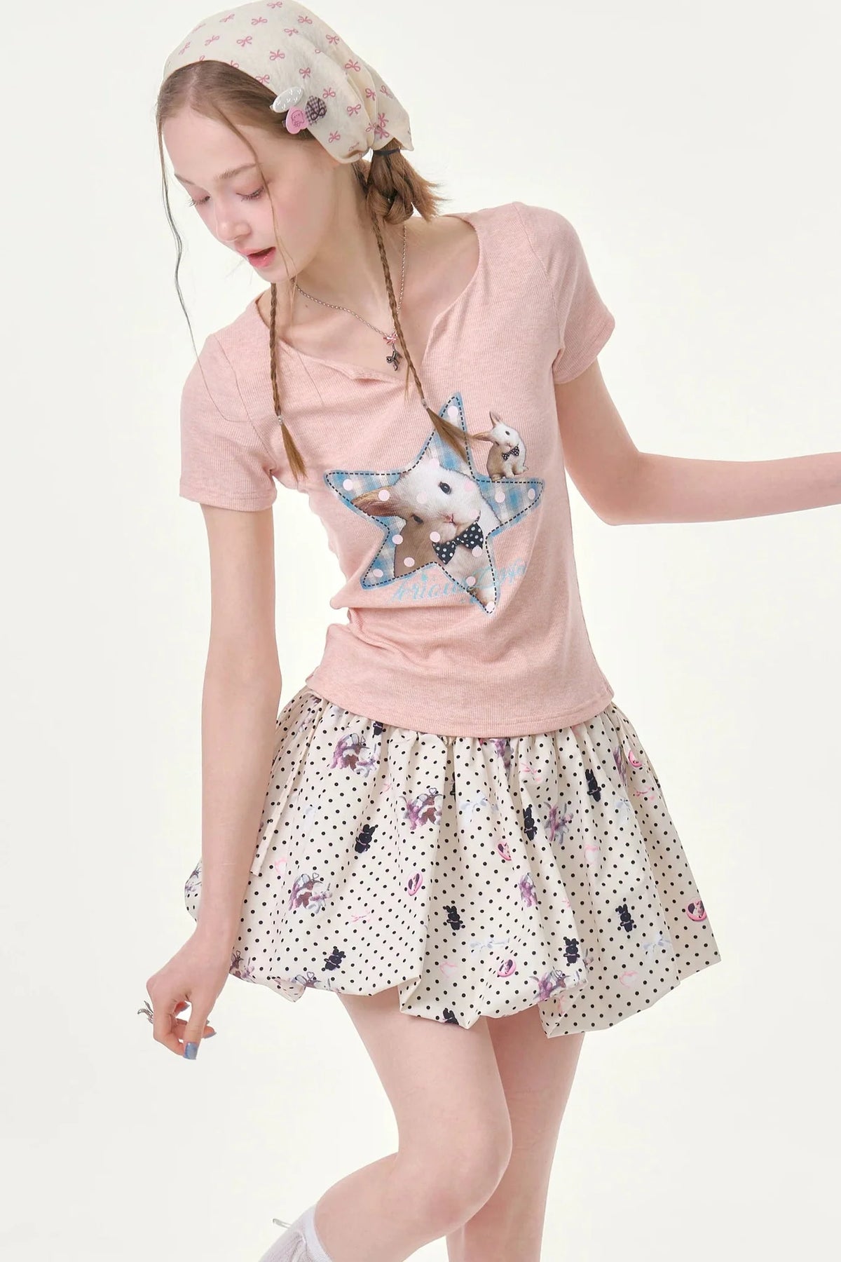 Star Rabbit Pink V-Neck T-Shirt