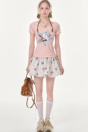 Star Rabbit Pink V-Neck T-Shirt