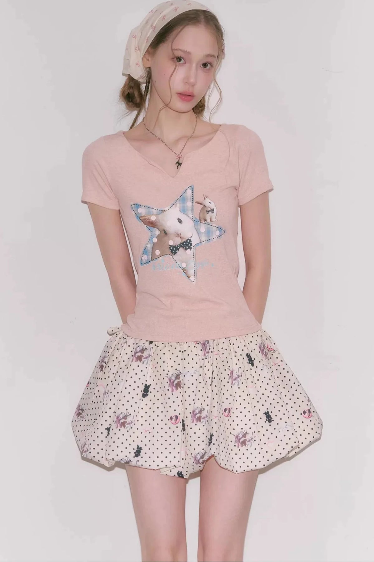 Star Rabbit Pink V-Neck T-Shirt