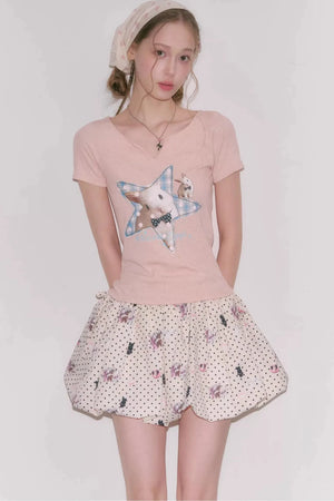 Star Rabbit Pink V-Neck T-Shirt