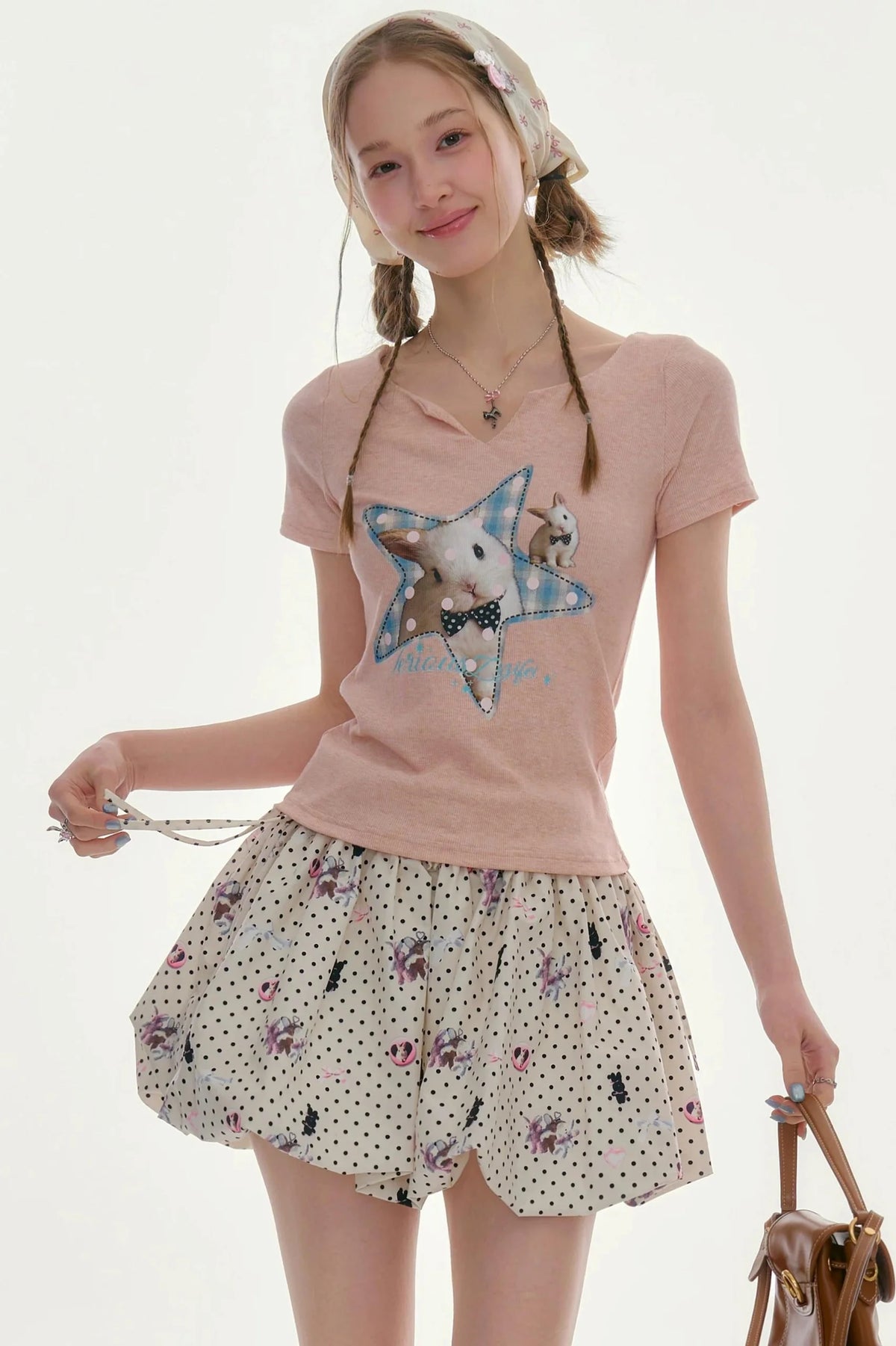 Star Rabbit Pink V-Neck T-Shirt