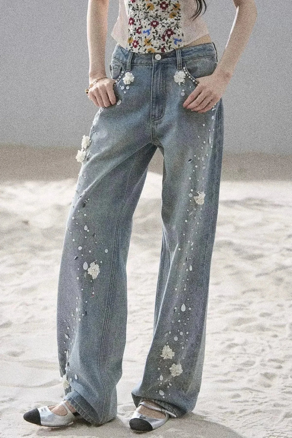 Starry Appliqué Denim Pants