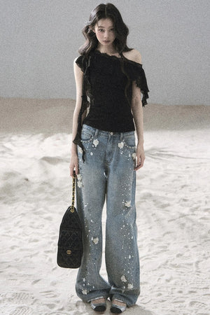 Starry Appliqué Denim Pants